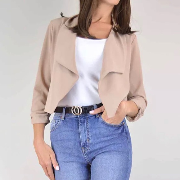 Jackets & Blazers - Taupe Crop Blazer With 3/4 Sleeved